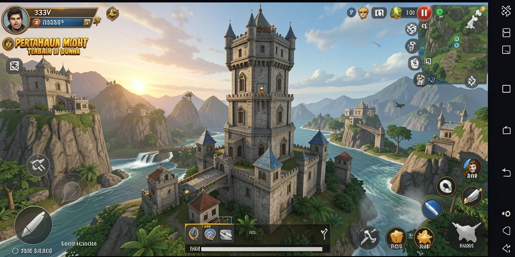 Screenshot 333V menampilkan menara dan serangan musuh dalam gameplay Tower Defense.