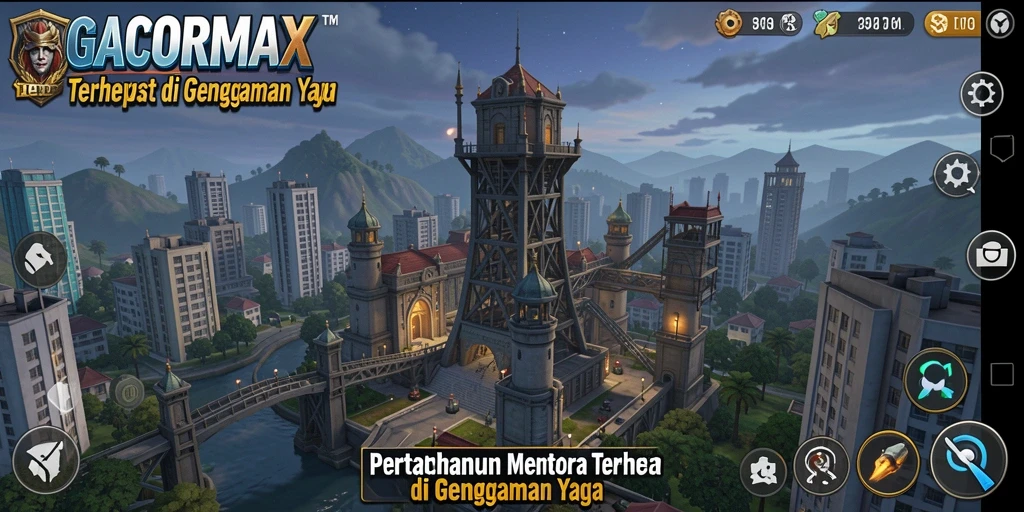Tangkapan layar dari gameplay GACORMAX menunjukkan aksi menara pertahanan yang intens.