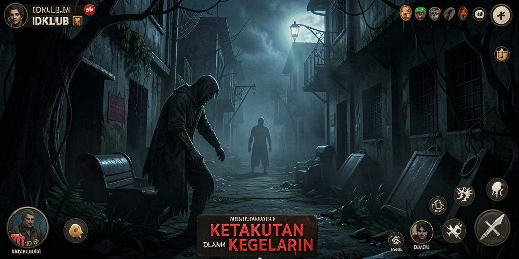 Tangkapan layar gameplay menegangkan dari IDKLUB yang menunjukkan suasana horor.