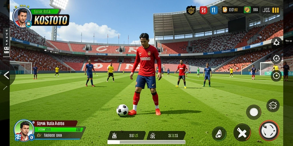 Tampilan gameplay menarik dari KOSTOTO dengan aksi sepak bola yang mendebarkan.
