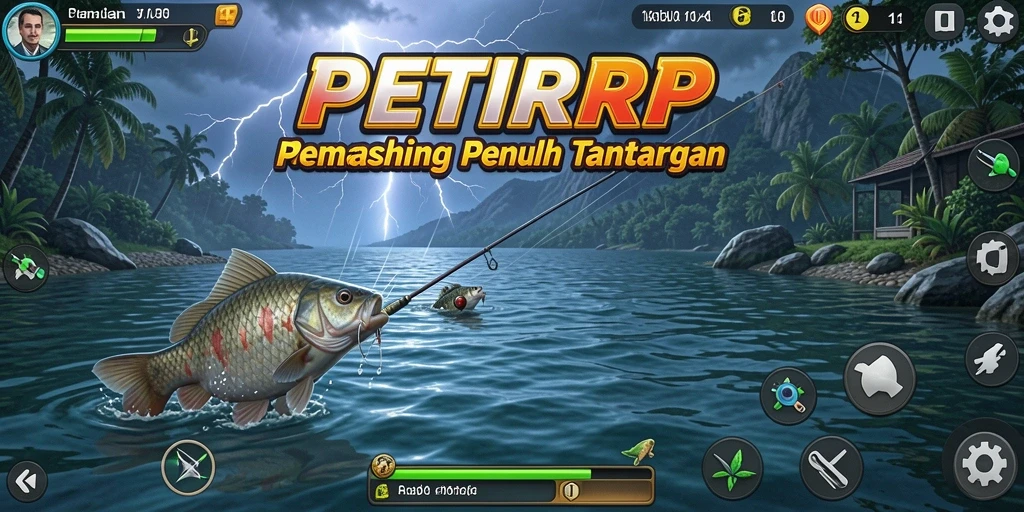 Tampilan gameplay PETIRRP dengan suasana memancing yang menenangkan.