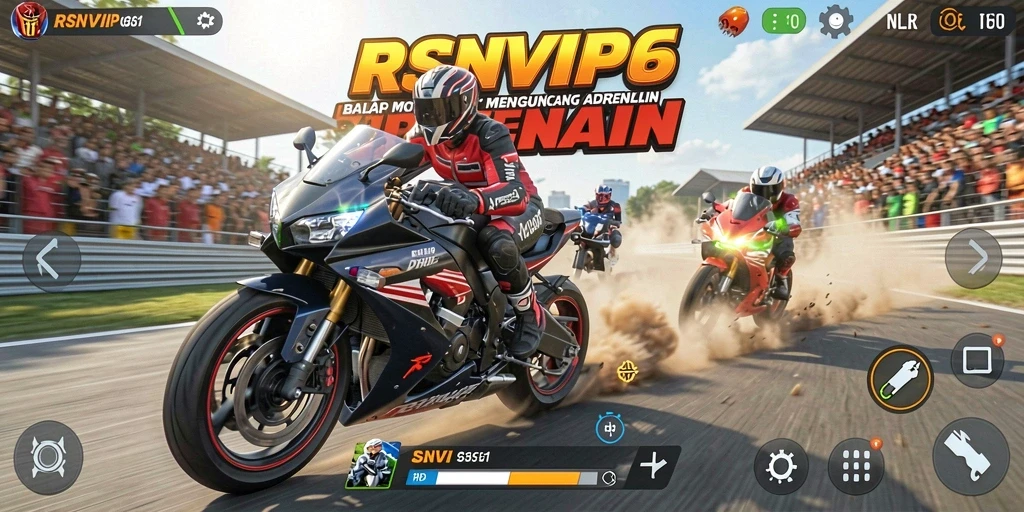 Screenshot gameplay RSNVIP6 menampilkan balapan motor yang mendebarkan.