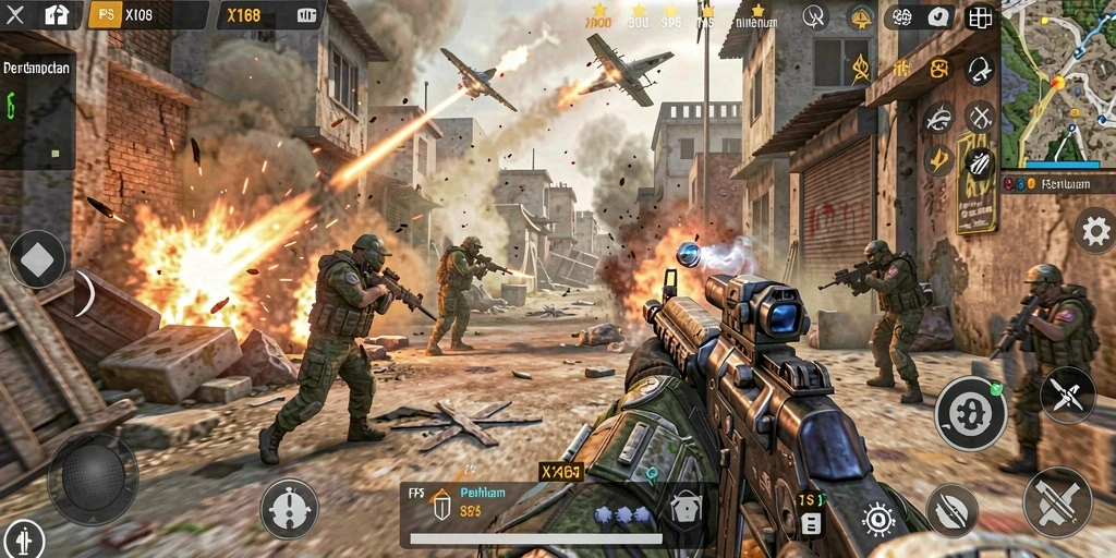 Screenshot gameplay X168 dengan aksi pertempuran FPS mendebarkan.